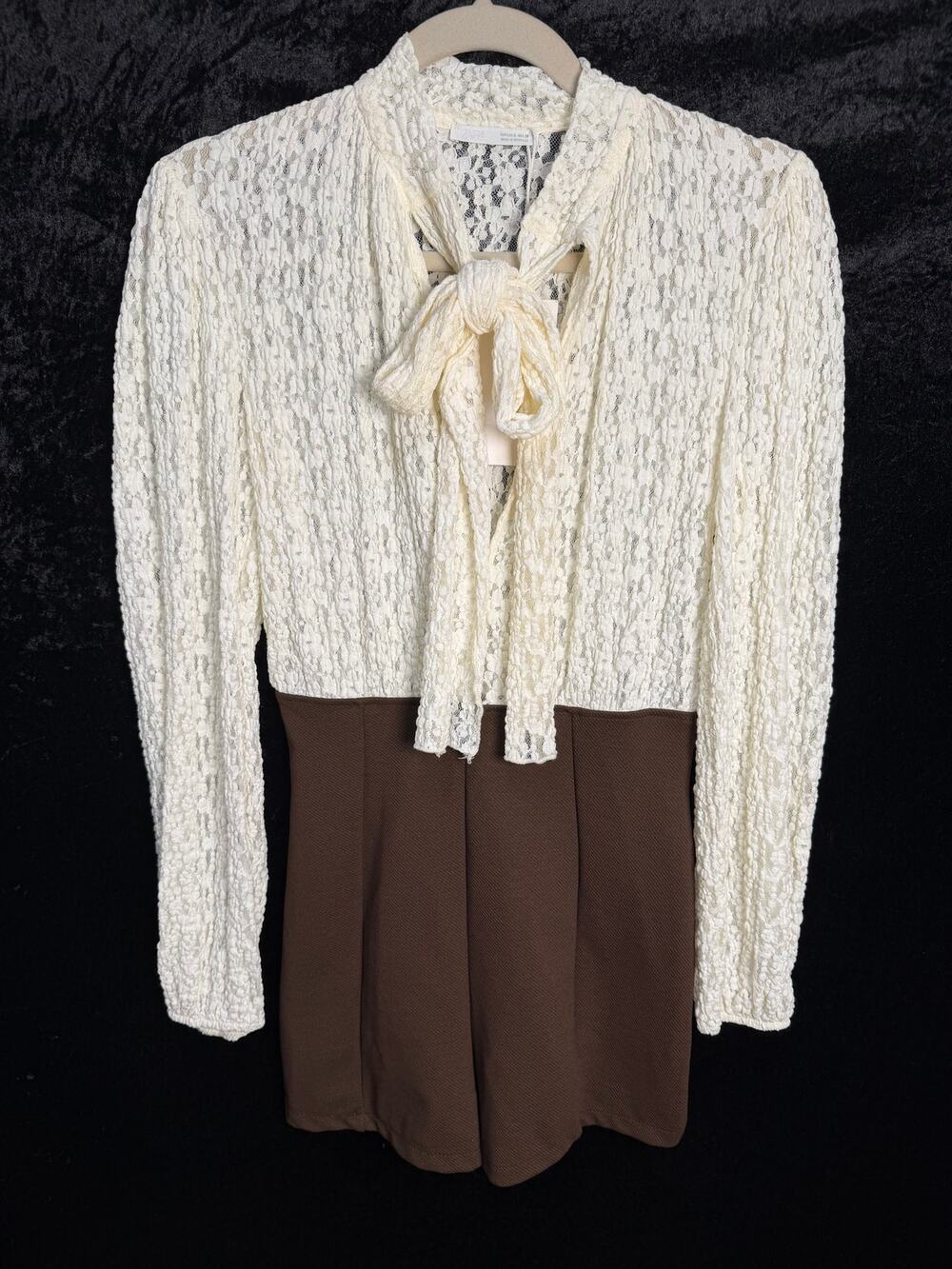 Zara NWT Cream Brown Lace Long Sleeve Romper Playsuit Womens Sz S Tie Stretchy